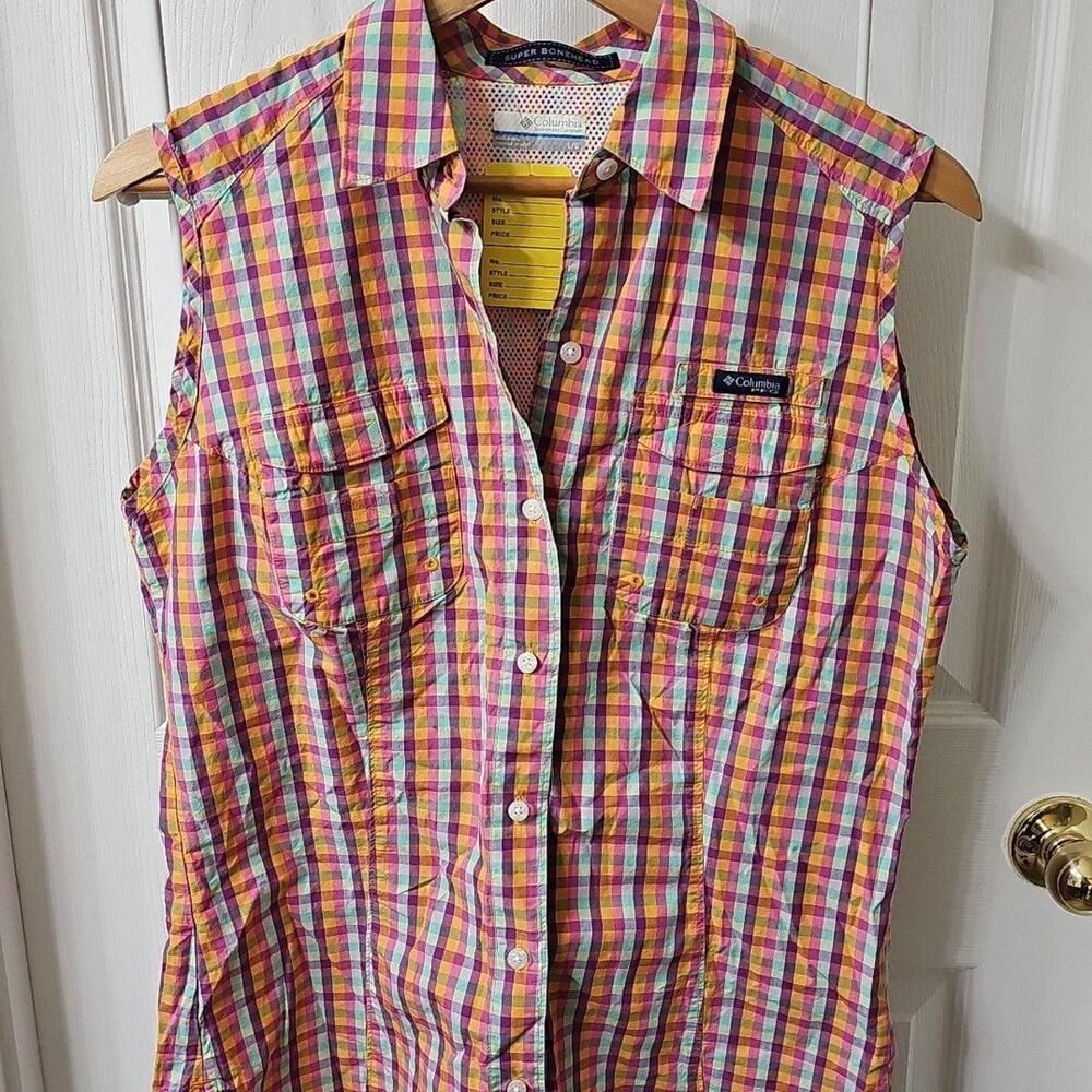 Columbia PFG Super Bonehead Sleeveless Plaid Fishing Shirt Size Large